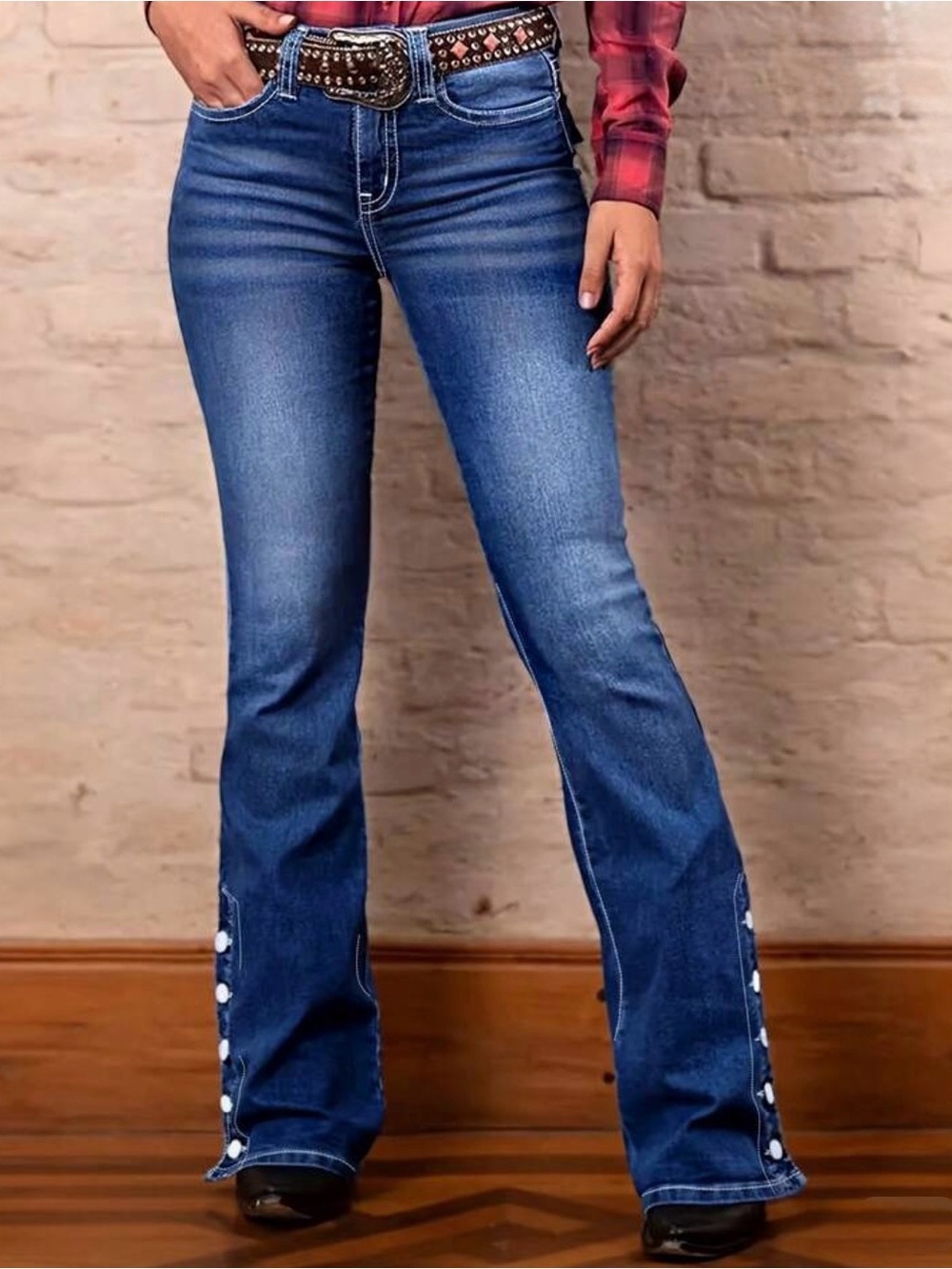 Women's Blue Denim Bootcut Jeans with Side Button Detail / Size 4X